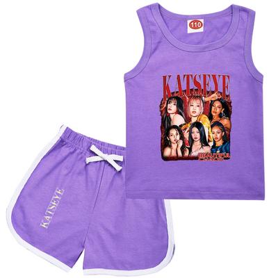 9198 Children Fashion Girls Singer Katseye Printed Sleeveless T-Shirt Tank Top Shorts Clothes Set