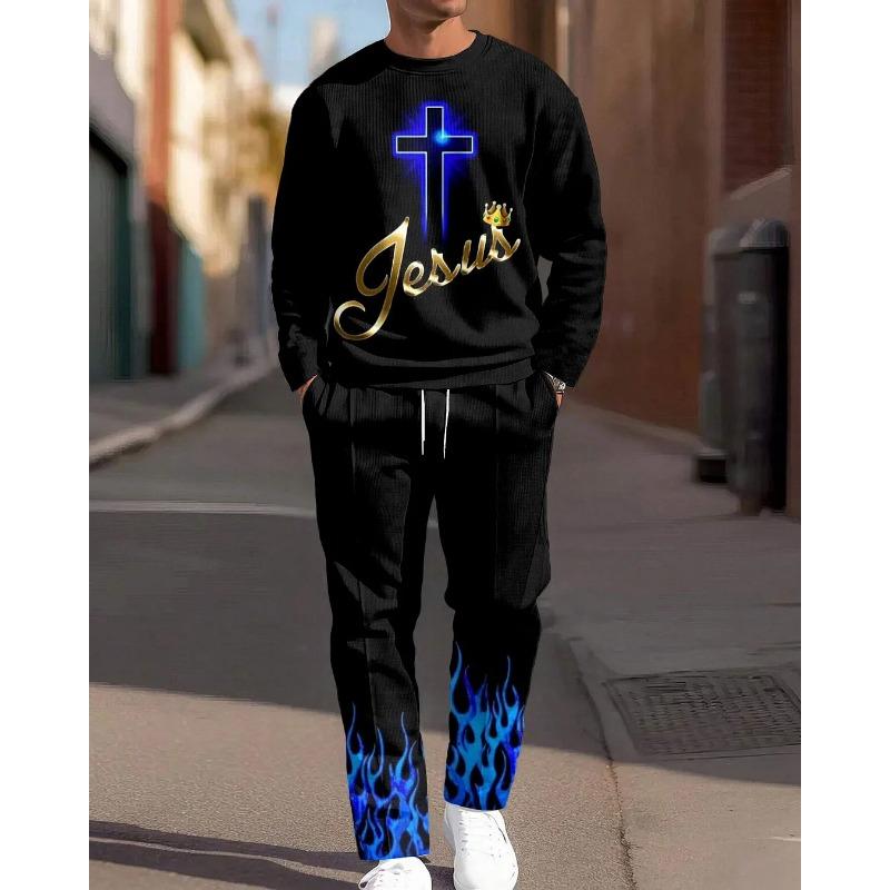 Men's Casual 2-Piece Set Comfortable Long-Sleeved Printing Round Neck Man T-Shirt and Drawstring Sport Two-Piece Sets