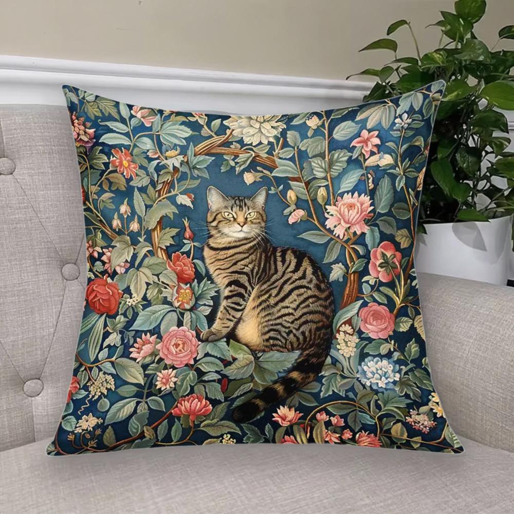1Pc Botanical Tabby Cat Polyester Throw Pillow Cover 2D Double-Sided Print, Decorative Cushion Case For Bedroom Living Room, Per