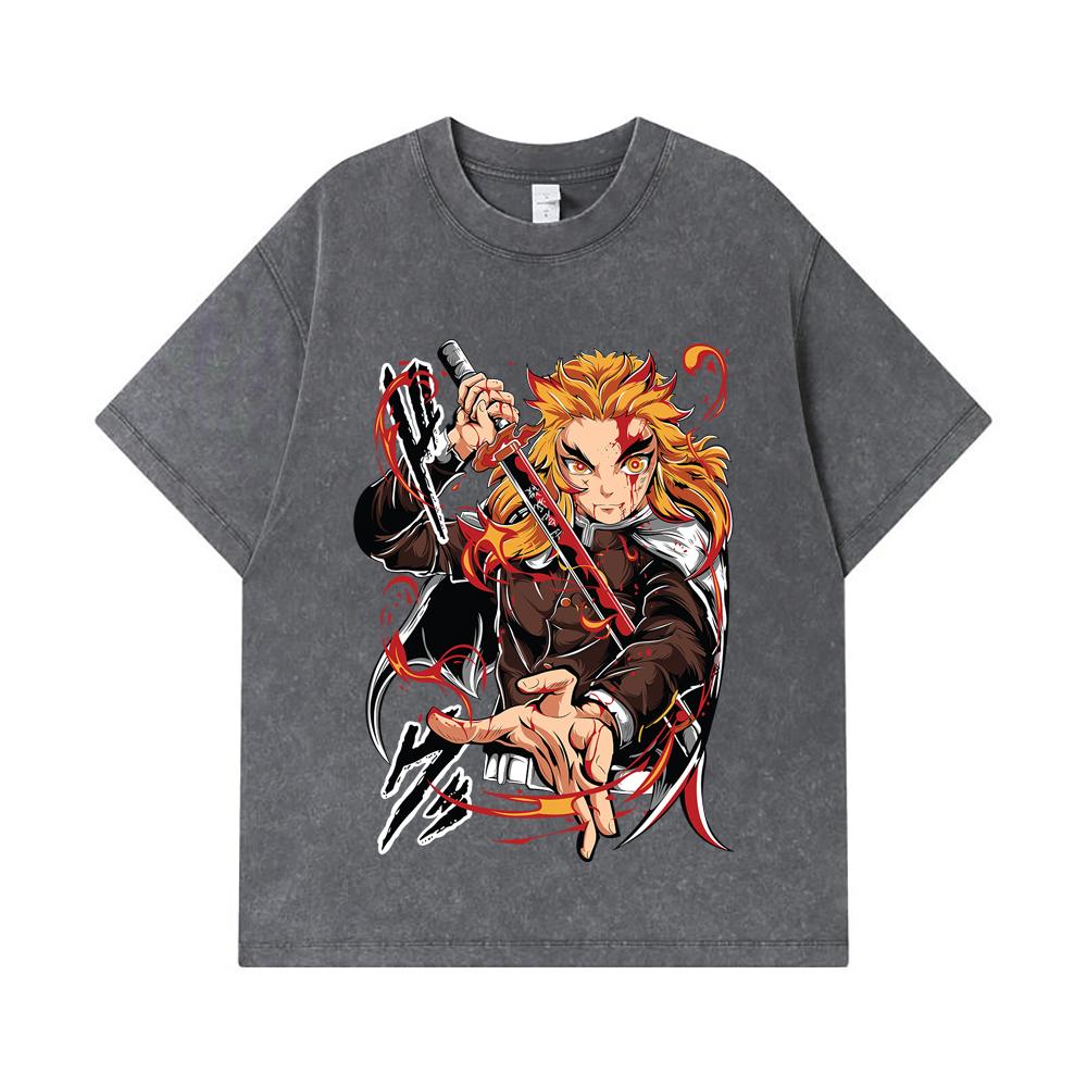 275 GSM Washed T-shirts 100% Cotton Demon Slayer V85 Rengoku Print Unisex Heavy Cotton T Shirt