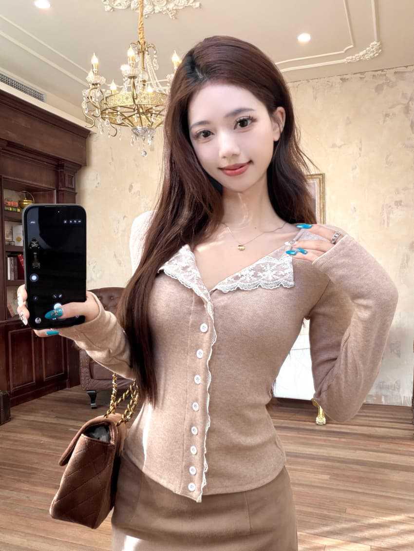 Women s Elegant Lace Spliced Long-Sleeve Cardigan - Slim-Fit, Chic & Versatile Winter Design Extra Large