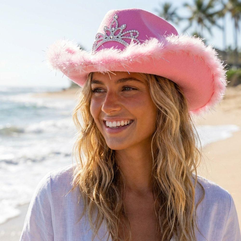 Wide Curved Brim Rhinestone Tiara Cowgirl Hat Sparkly Western Cowboy Cap Birthday Party