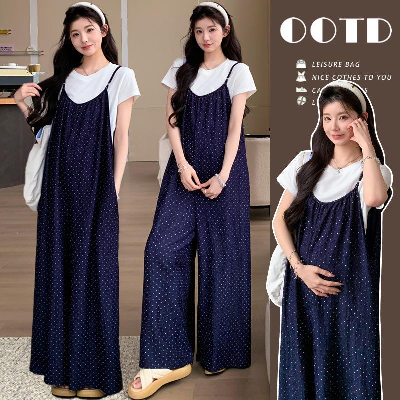 2026 Summer Maternity Polka Dot Denim Overalls & White T-shirt Set 2XL
