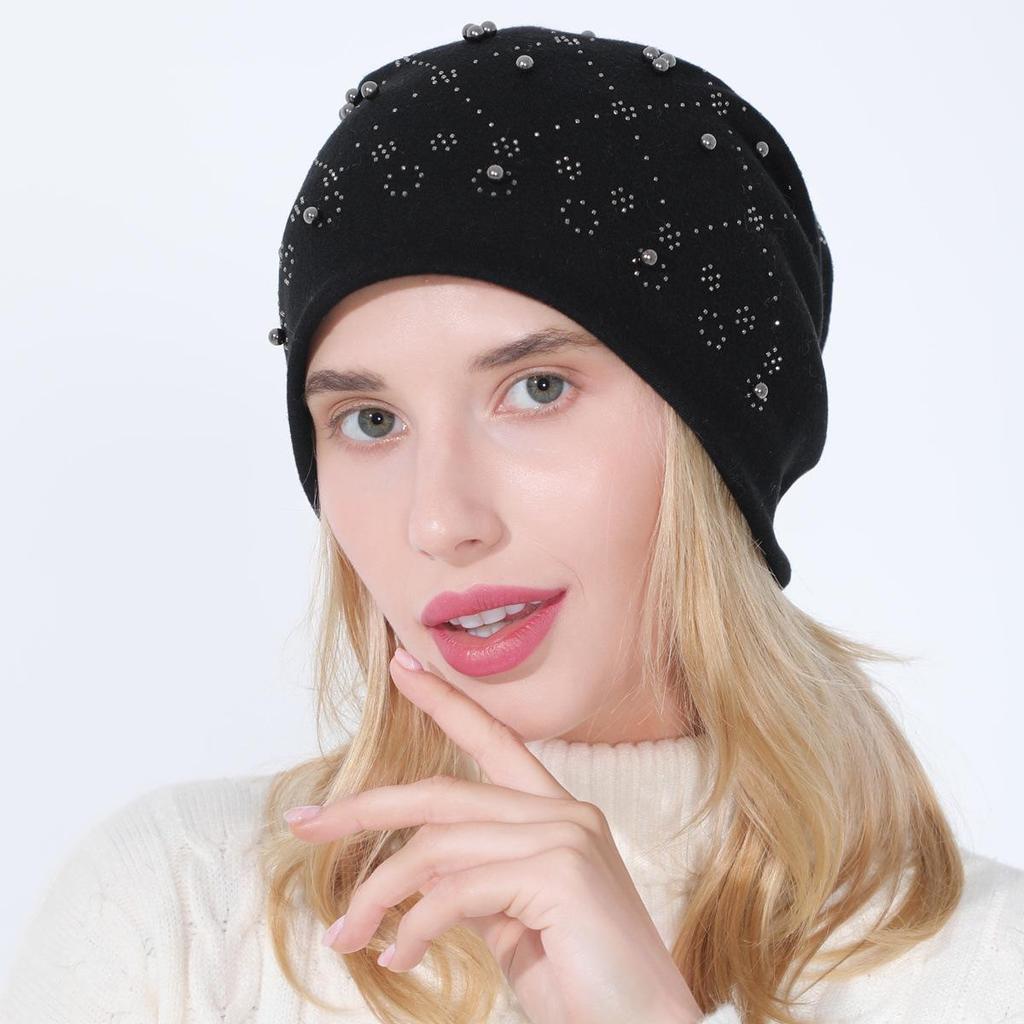 Women's Autumn Winter Double Layer Cotton Hot Diamond Binding Bead Pullover Versatile Warm Hat KTY