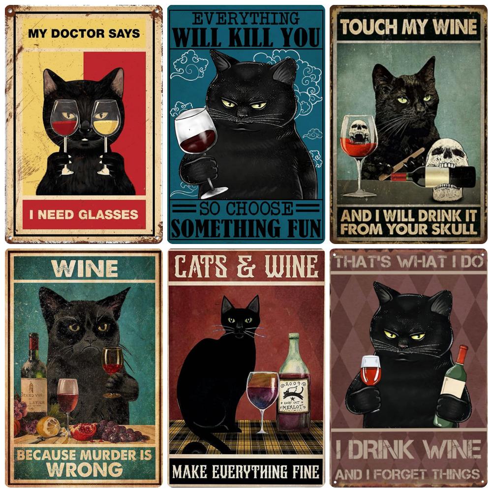 Vintage Turquoise Cat Metal Poster, I Drink Wine Wall Tin Sign, Retro Frogs, Wine Plate for Elf Bar, Pub and Garden Decor, WY52