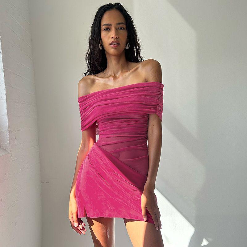 

2025 Spring/Summer New Arrival European and American Women s Clothing Sexy off-the-Shoulder Mesh Patchwork Waist-Baring Slim-Fit Ruched Dress Rose Red M