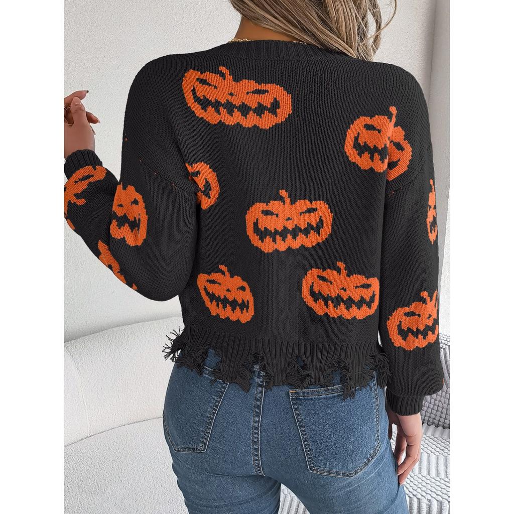 QICED Autumn Winter Halloween Color-blocking Pumpkin Cut-up Long-sleeved Pullover Sweater Women's Clothing