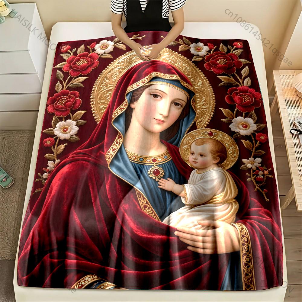 1PC The Red-robed Virgin Mary Holy Son Print Blanket Warm Soft Fluffy Kids and Adult Sofa Bed Throw Blanket Travel Camping RV
