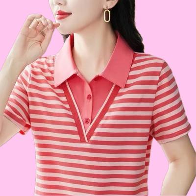 T-shirt a righe a maniche corte da donna nuova estate taglia grande polo con revers top ampio sottile