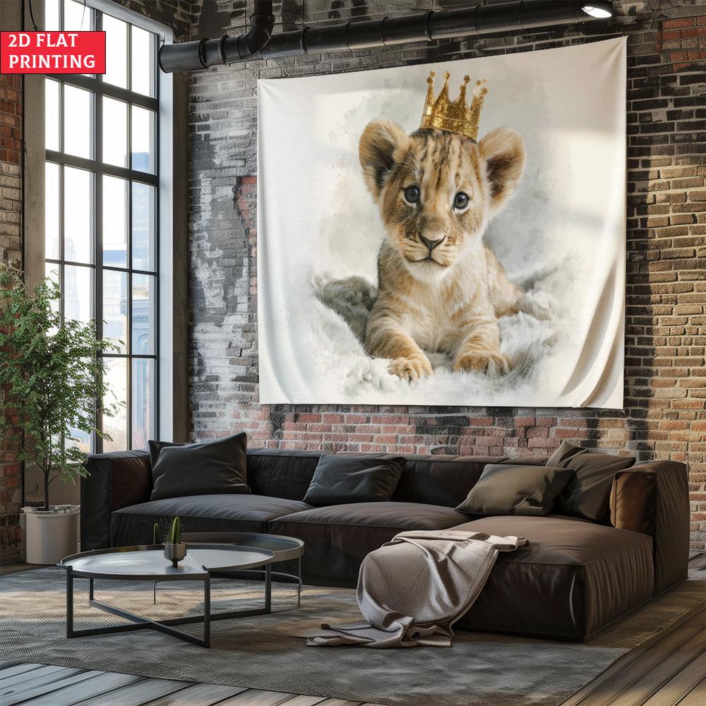 Cute Baby Lion with Crown Tapestry Little King Lion Cub Wall Hanging Aesthetic Nursery Room Decor suitable use in offices bars