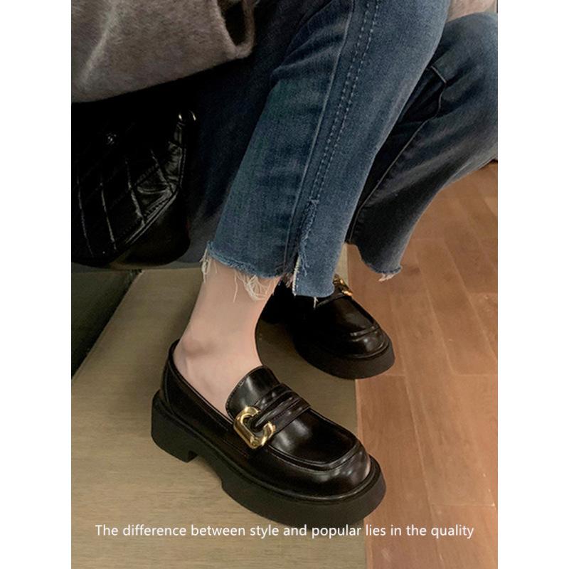 Whole Cowhide~ Loafers Genuine Leather Retro Gold Buckle Thick Sole Thick Heel Loafers Small Leather Shoes Women