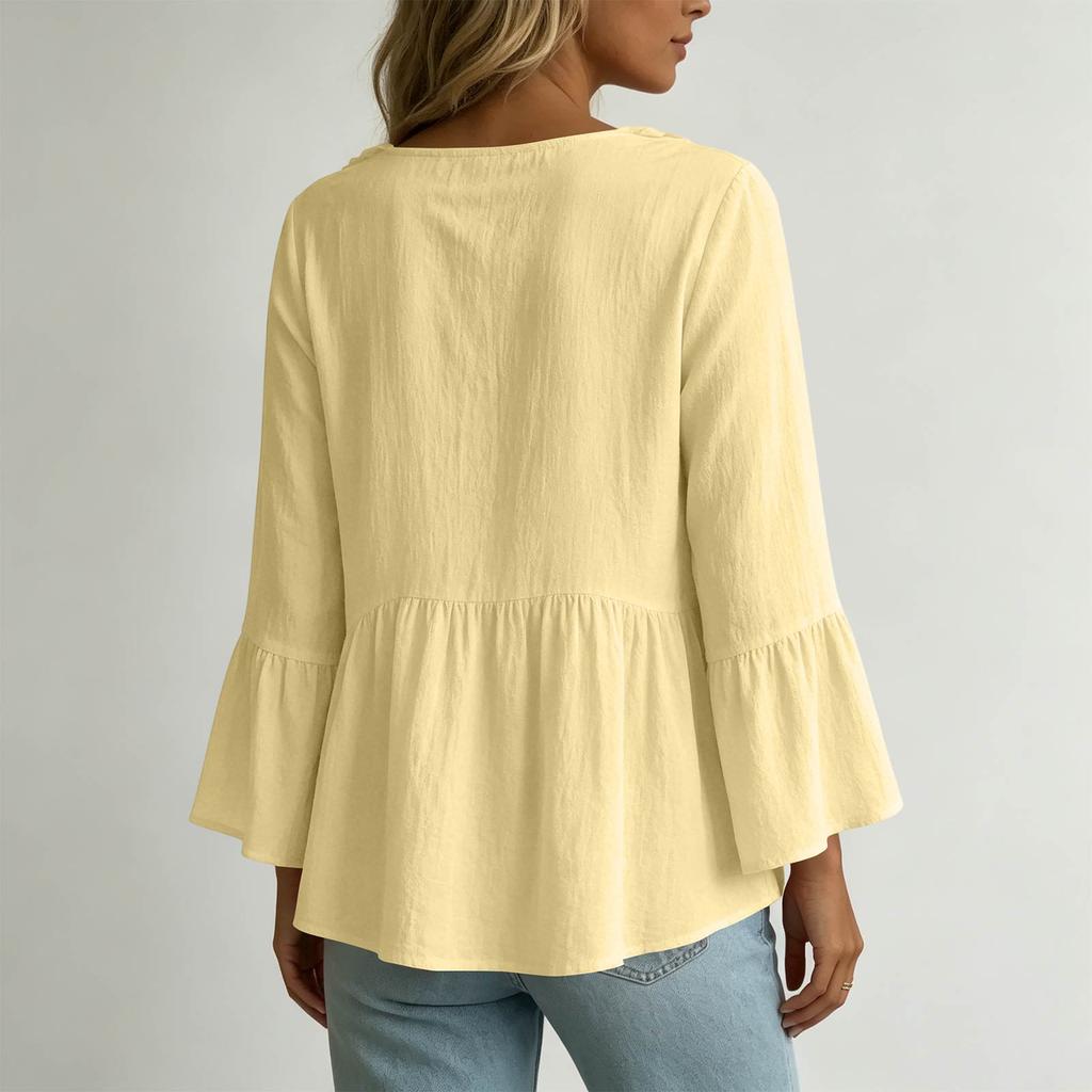 Women's Color V-Neck Ruffled Cotton-Linen Top for Casual Everyday Wear