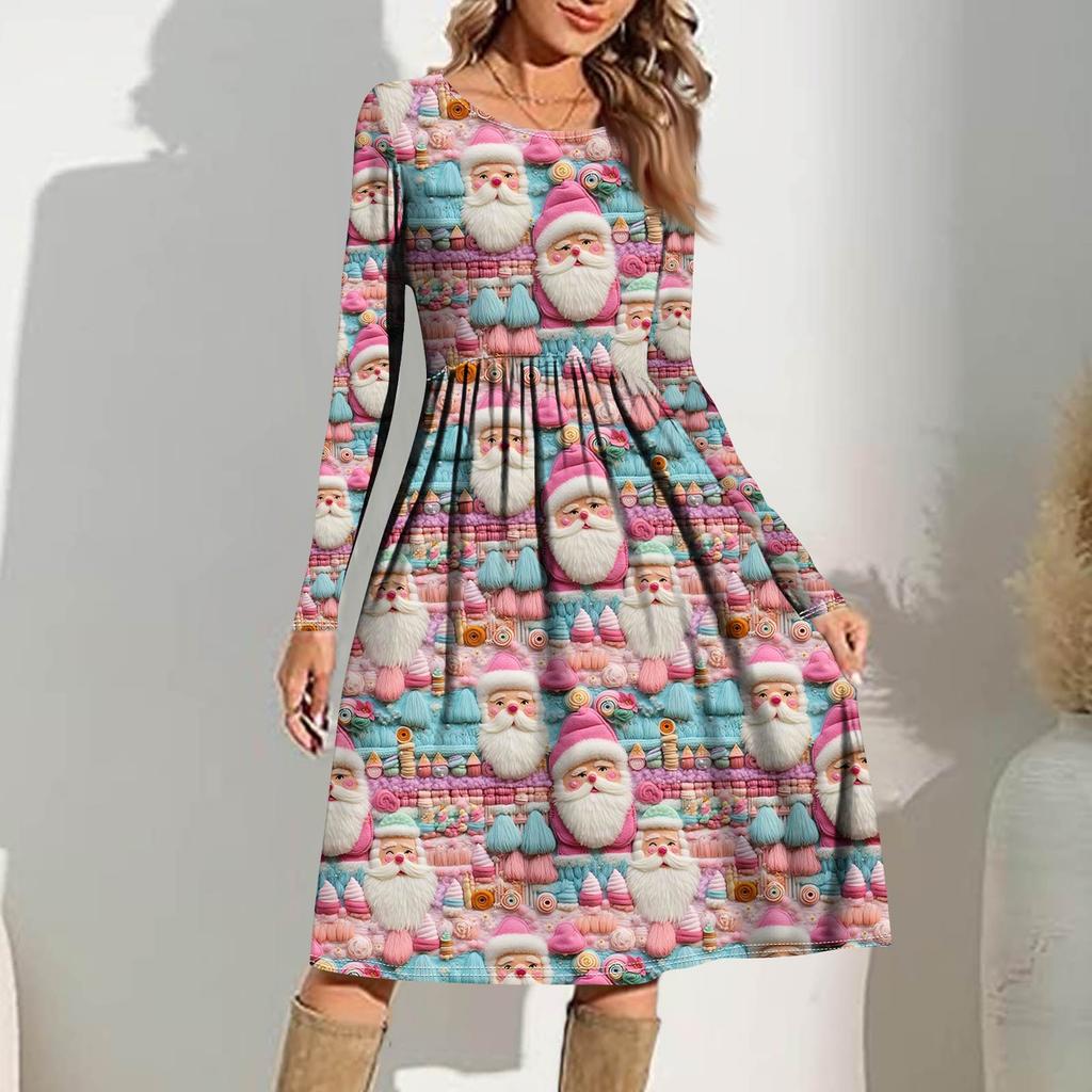 Rochie casual de damă cu imprimeu gradient, de primăvară, cu buzunar, cu gât rotund și mâneci lungi