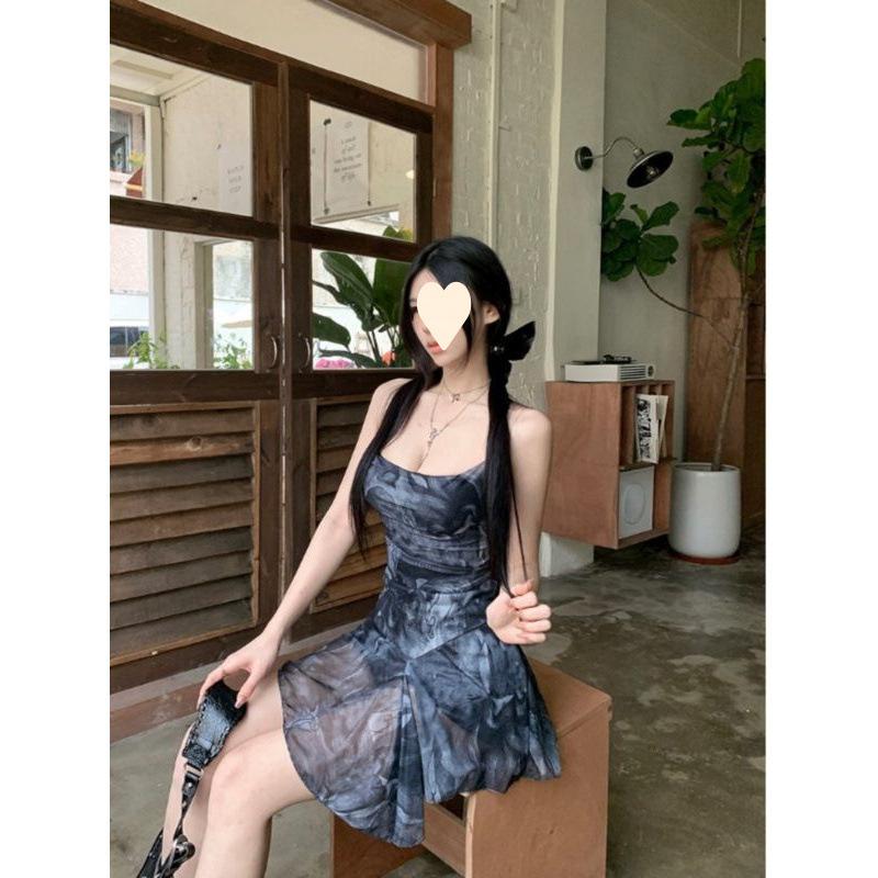 Swinging Neck Mesh Suspender Dress Women's Summer High and Cold Imperial Sister Style Sexy Backless Hip Skirt Hanging Neck Tube Top Skirt