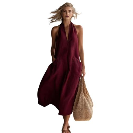 

Summer Dress for Women Casual Deep V Neck Halter Sleeveless Long Dress Beach Vacation Flowy A-line Dress with Pockets XL