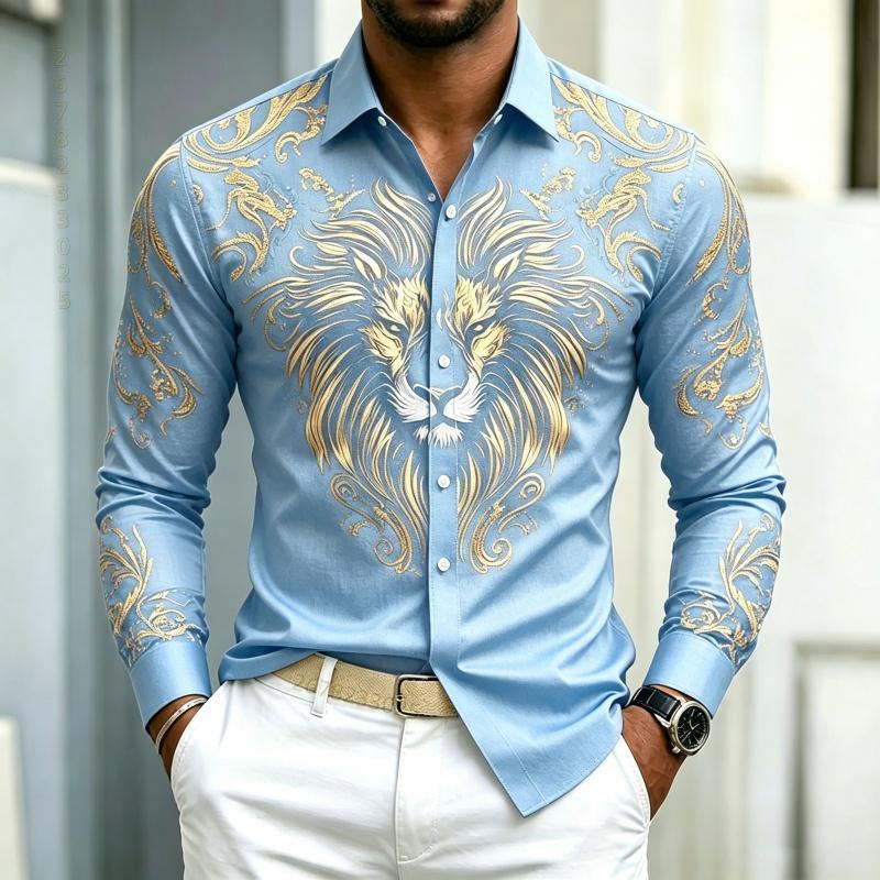 High Quality Men's Shirt Long Sleeved Shirt Solid Color Lion Head Print Design Baroque Business Casual Top Fabric Comfortable