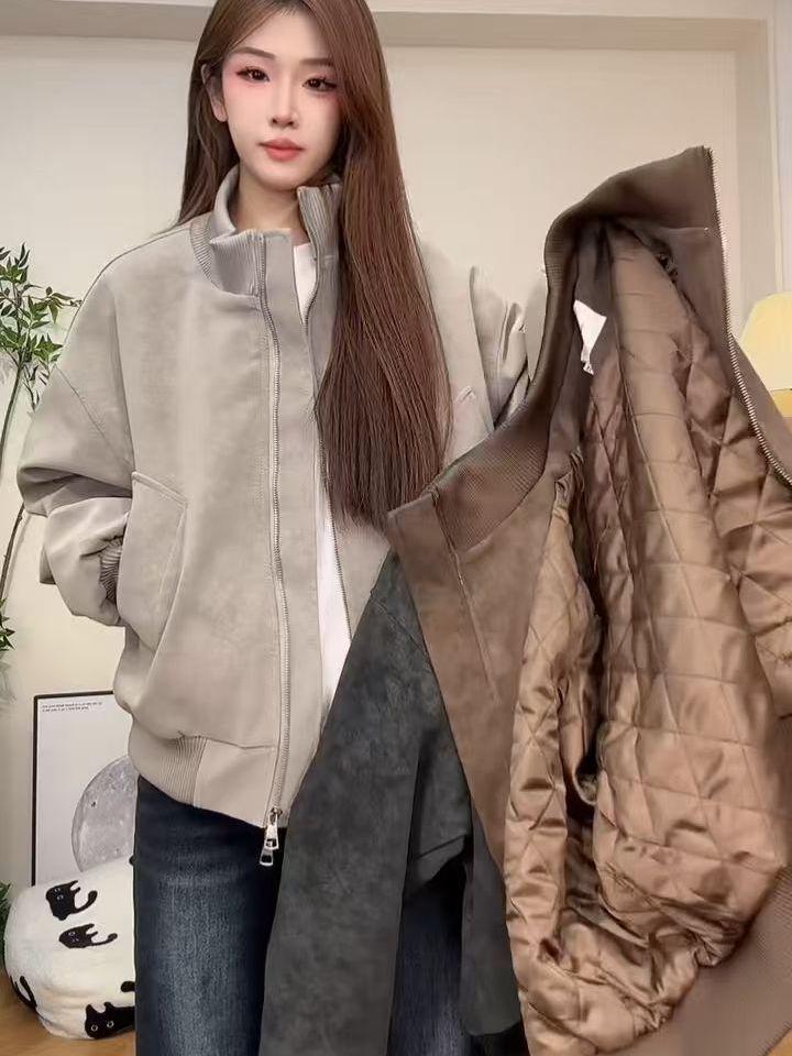 Damen Tie-Dye Retro Baumwollwattierte Leder-Bomberjacke - Stehkragen, Locker geschnittener Mantel für Herbst und Winter