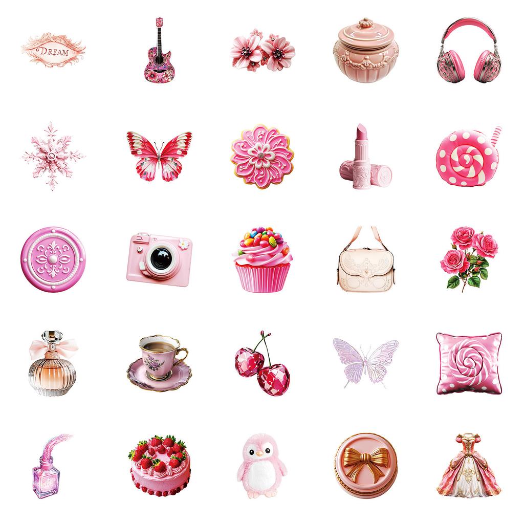 New 50 Girl Pink Graffiti Stickers Cute Pink Camera Mouth Flowers No Repeat Waterproof Decorative Stickers