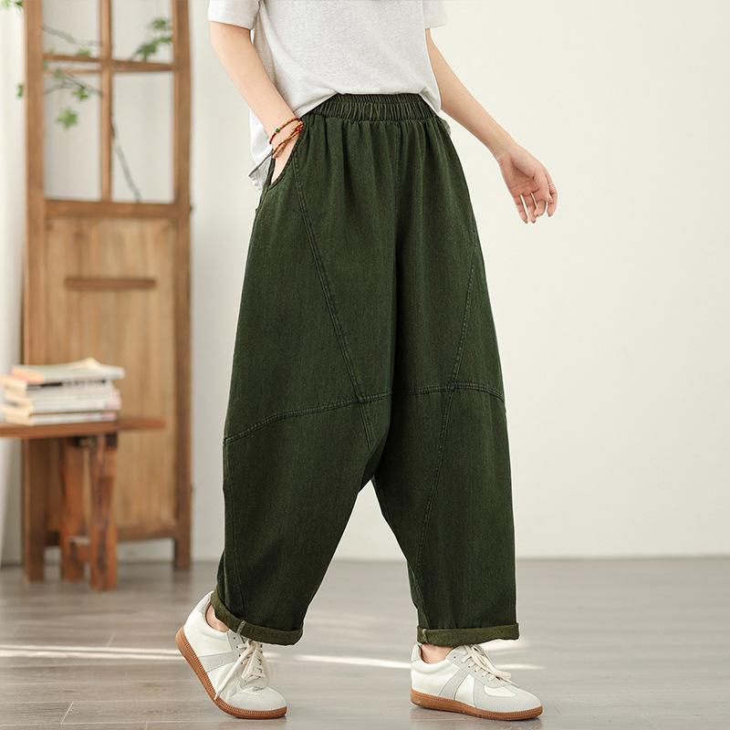 

Осень Брюки гаремы с высокой талией, свободные, повседневные, женские, однотонные, модная уличная одежда, джинсовые брюки женские 2025 2XL зелёный