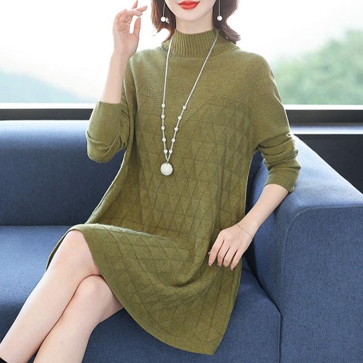 Half Turtleneck Knitted Dress for Women In Autumn and Winter Long-sleeved Mid-length Sweater Loose and Casual Pullover