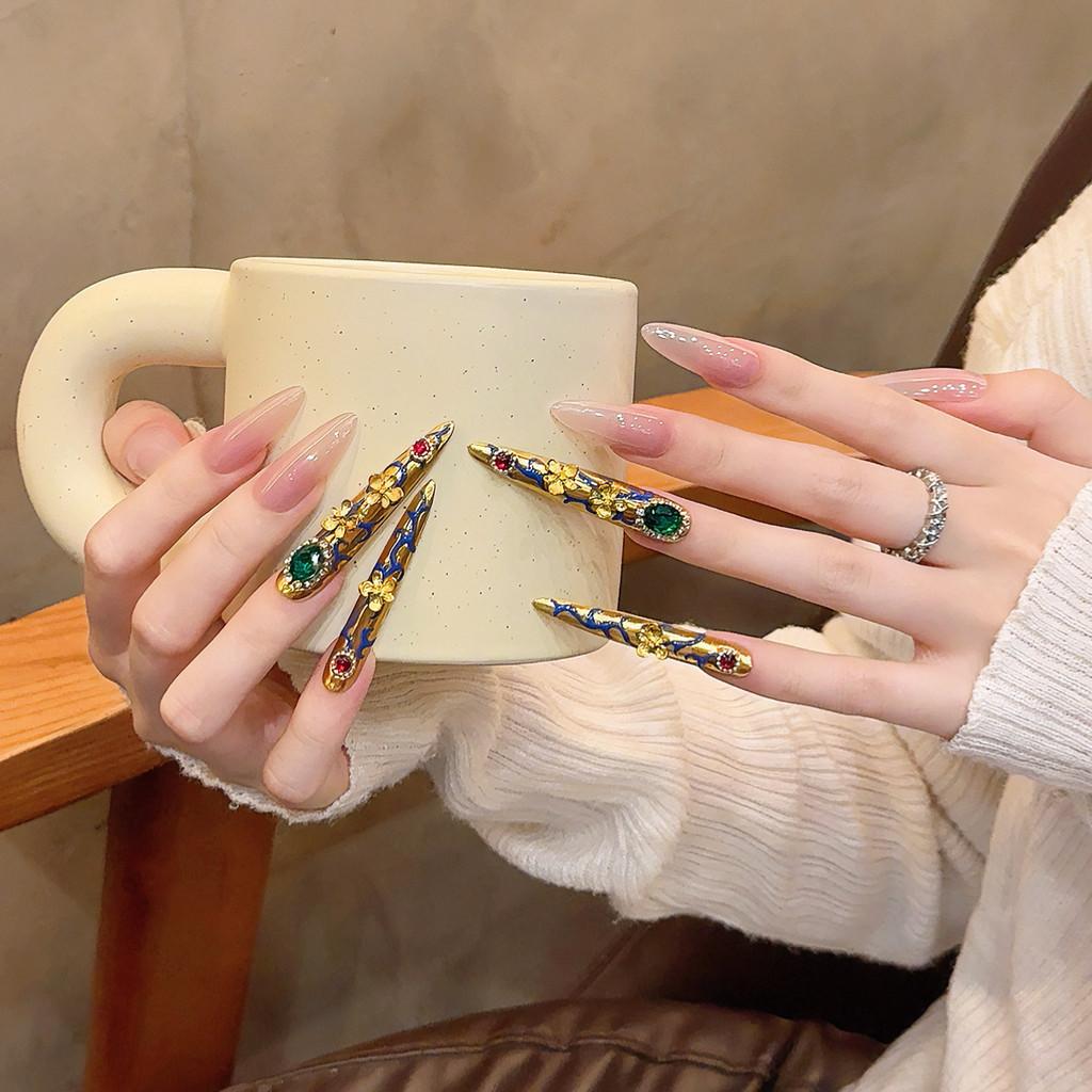 100% HANDMADE  Long Almond Shape GPalace Style Luxury High-End Fake Nail Set With Glue & Box Ruby And Emerald Gold Press On Nails