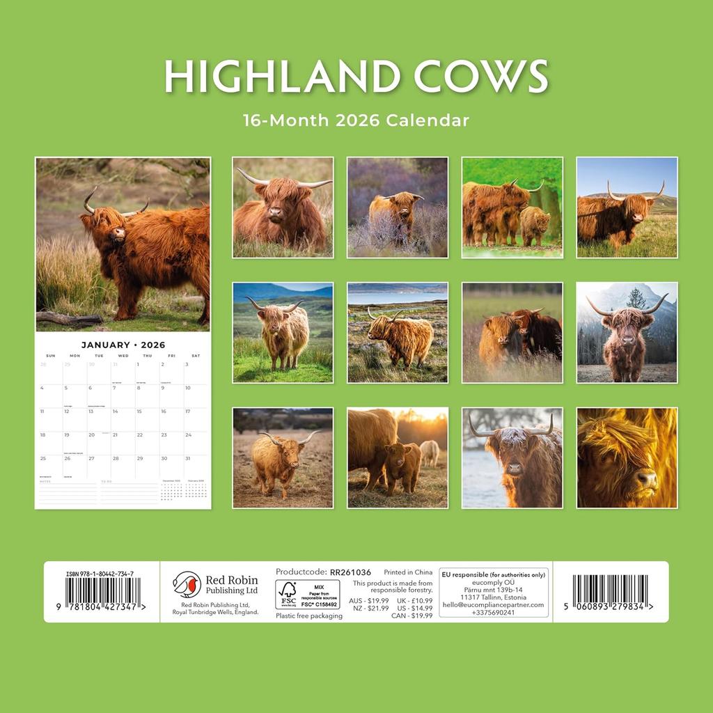 Red Robin 2026 Highland Cows Monthly Wall Calendar | 12" x 24" Open | Premium Thick & Sturdy Paper | Hangable 12 Month Calendar | Lined Notes & To Do