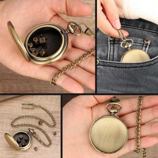 Mini DND Dice Set Polyhedral Metal Vintage Dice Steampunk Gear Pocket Watch Dice Set with Chain Board Game Accessories