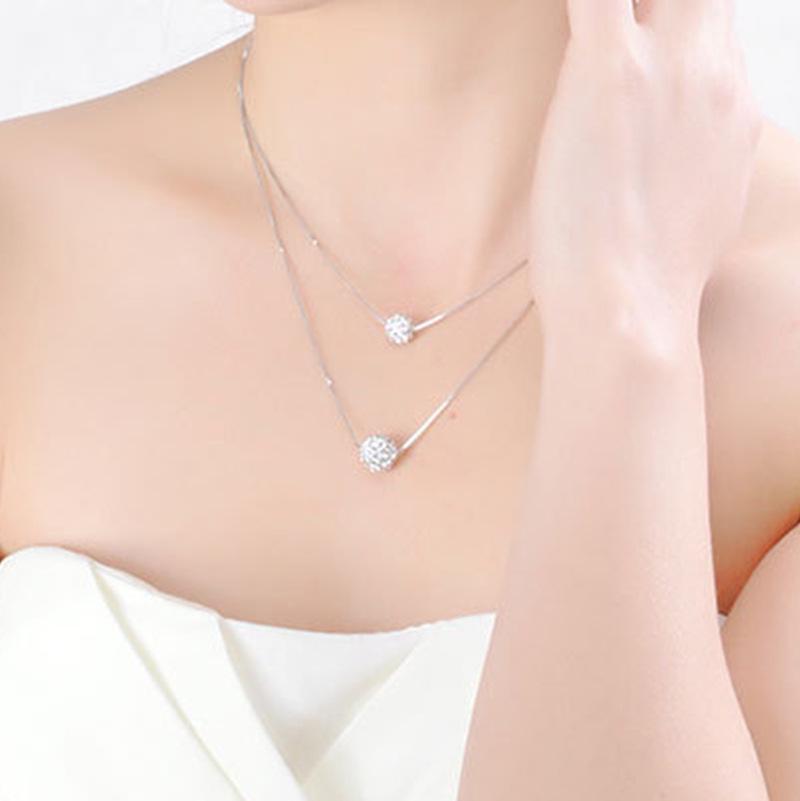 Korean 925 White Gold Clavicle Necklace with Diamond Ball Pendant