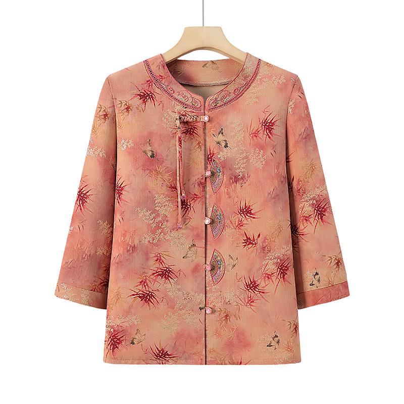 2026 Summer Retro Embroidered Cardigan: Seven-Sleeve Loose Top for Elderly Women 3XL suitable for 115-125 jin