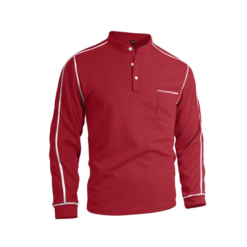 New Men's Waffle Long-sleeved Shirt with Patch-style Buttons, Henry Collar, Pocket-style Casual Outdoor Sports Men's Polo Shirt