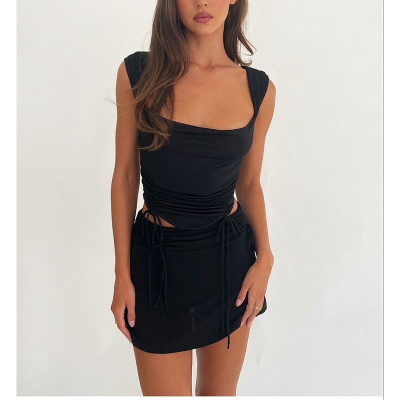 Spring New Arrival American Retro A- line High Waist Pleated Drawstring Fashion Tape Sexy Short Skirt Shoelace Skirt