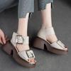 Johnature Genuine Leather Peep Toe High Heel Sandals Women Retro Comfortable Breathable Thick Sole Shoes