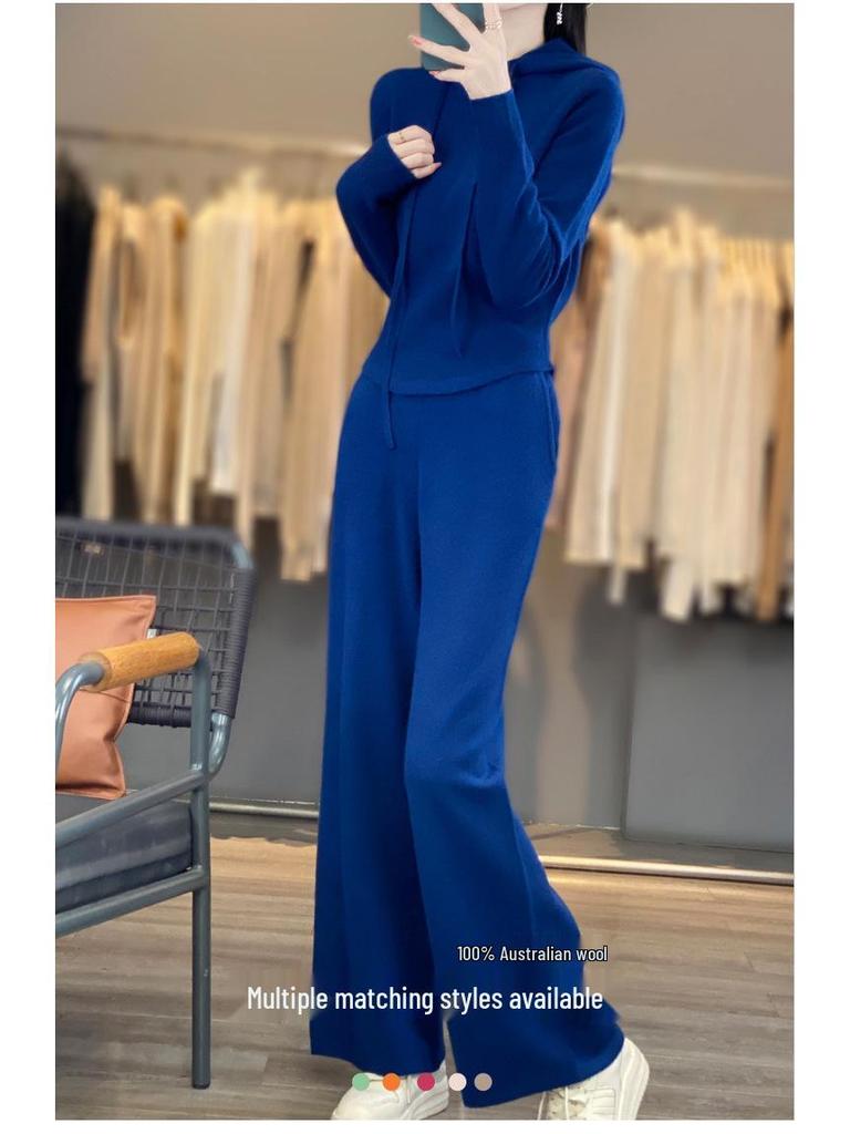 Autumn Gray Wool Slim-Fit Pants & Hooded Knit Sweatshirt Set - Korean Socialite Style