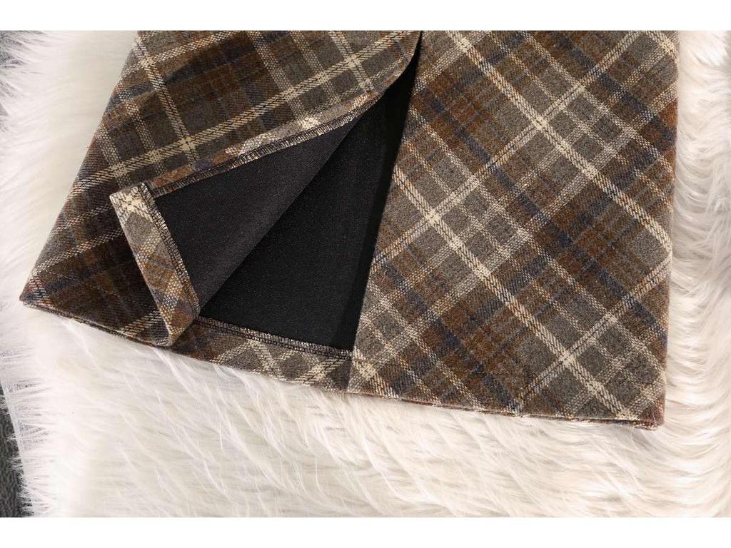 Women's Retro Plaid Wool Midi Skirt - High Waist, Slimming, A-Line, with Slit for Autumn/Winter