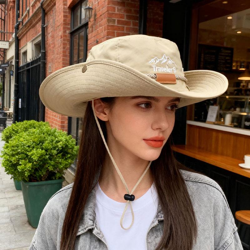 Khaki Outdoor Sun Hat For Men, Wide Brim, Sunscreen Hiking Hat, Adjustable Strap, Anti-Fall Fishing Hat