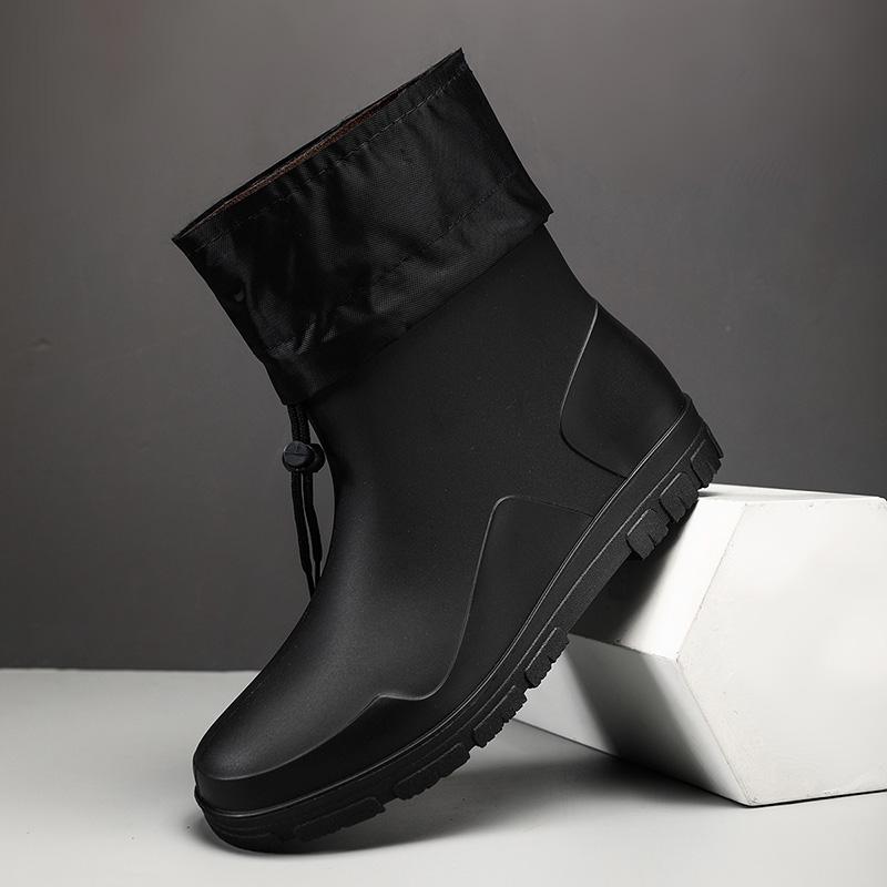 Men's Rain Boots Closed Rainproof Waterproof Medium Short Anti Slip Drawstring Rubber Boots Male Durable Garden Work Shoes