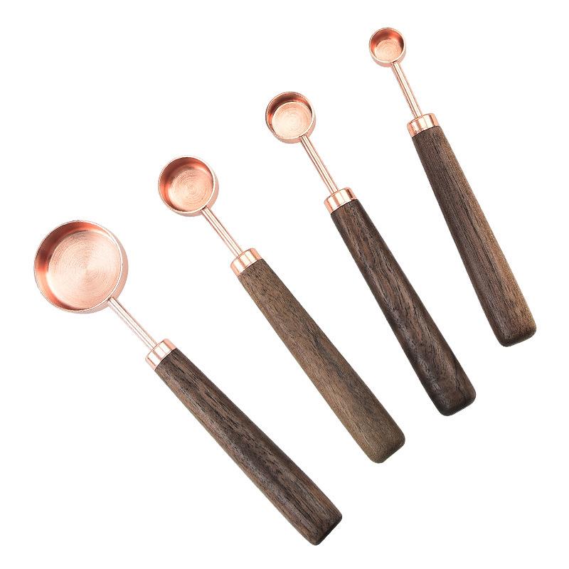 8-Piece Stainless Steel Measuring Cups & Spoons with Walnut Wood Handles & Rose Gold Finish
