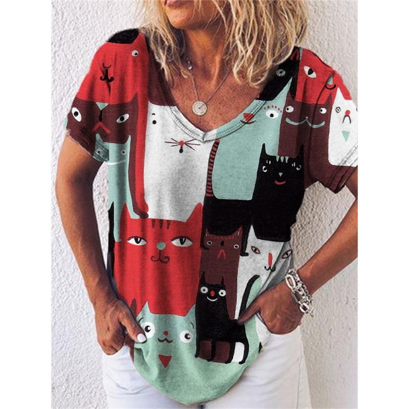 Summer V-neck 3D Cat Flower Colorful Printed Top Fashionable Casual Short Sleeved Women's T-shirts