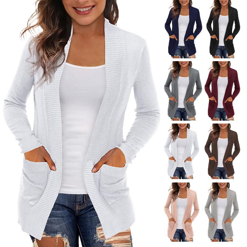 European and American e-commerce solid-color cardigan, casual simple long-sleeve knit jacket for women