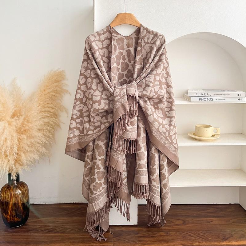 Womens Leopard Print Fringe Split Shawl Runway Fashion Cape Warm Winter