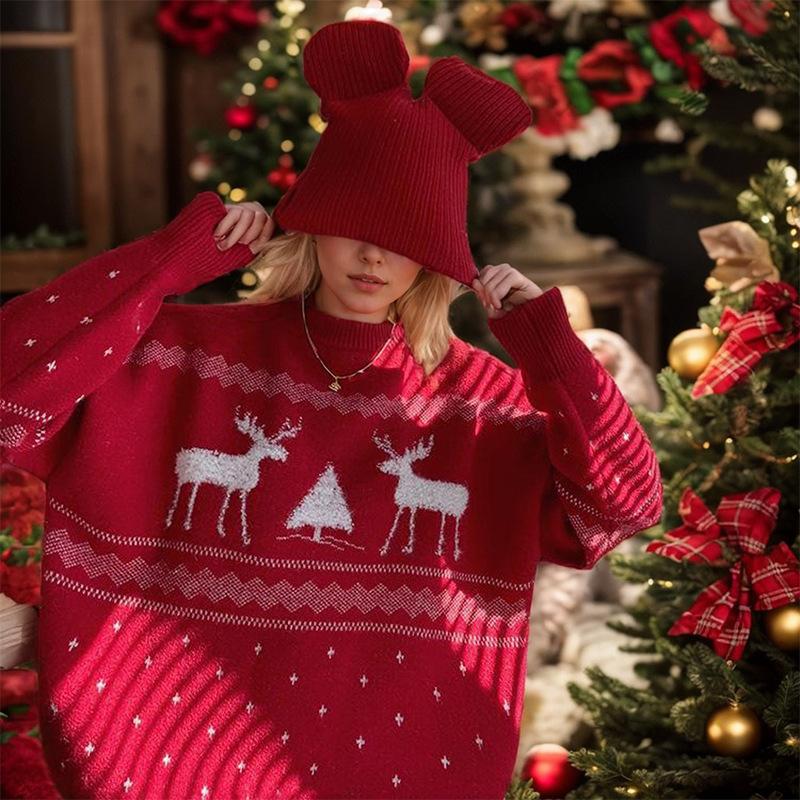Autumn and Winter Women's Red Christmas Sweater Slouchy Wind Loose Outer Fashion Temperament Top