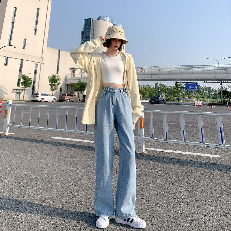 

Plus Size High-Waist Wide-Leg Jeans - Slimming Straight-Leg Pants for Autumn S [Fits 90-100 lbs]