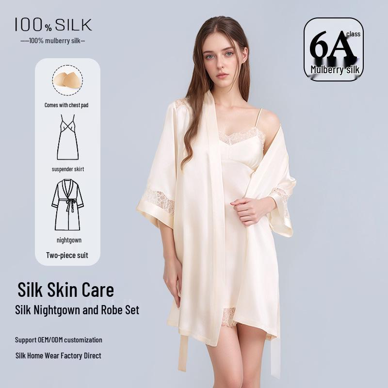 Silk Pajama Dress & Robe Set: 100% Mulberry Silk Two-Piece Camisole Dress with Morning Robe