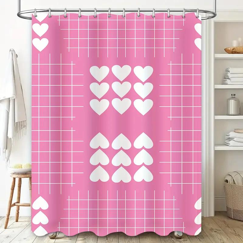 Pink Heart Bath Curtain Shower Decorative Waterproof Bathroom Decoration Home Decor For Kids Room Or Master Bedroom Pink/White
