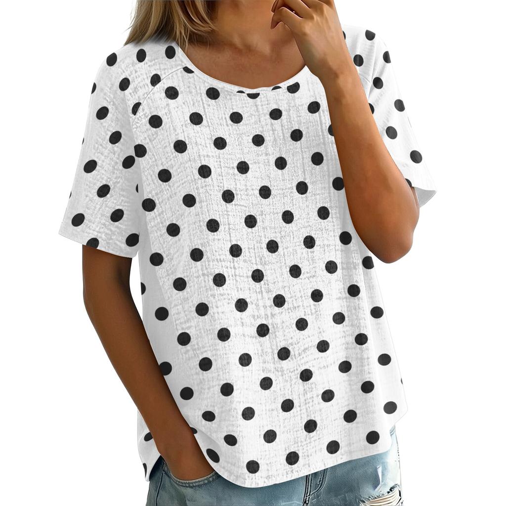 Women's Vintage Print Short Sleeve Top - Round Neck, Cotton Linen Fabric