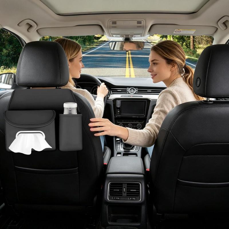 Pu Leather Car With Tissue Holder Cup Pocket Fits Road Trips Daily Commute Easy Install Keep Car Tidy