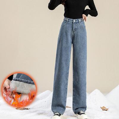 Yousheng Women Winter Jeans High Waist Button Zipper Closure Thick Velvet-lined Loose Fit Pockets Straight Wide Leg Streetwear Pants Daily Wear Long