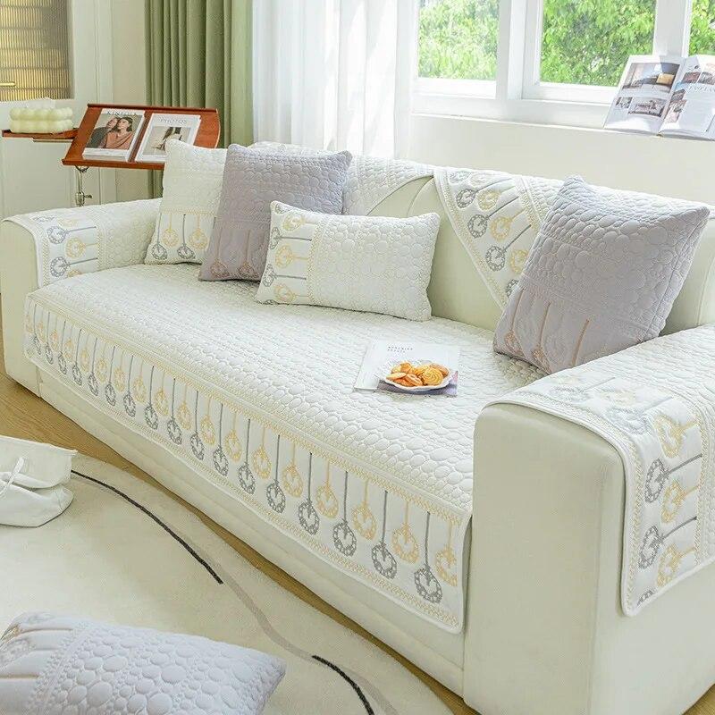 Universal Sofa Cover Embroidery Non-Slip Simple Modern Cotton Fabric Sofa Cushion Living Room Sofa Cover Armrest Cloth Towel