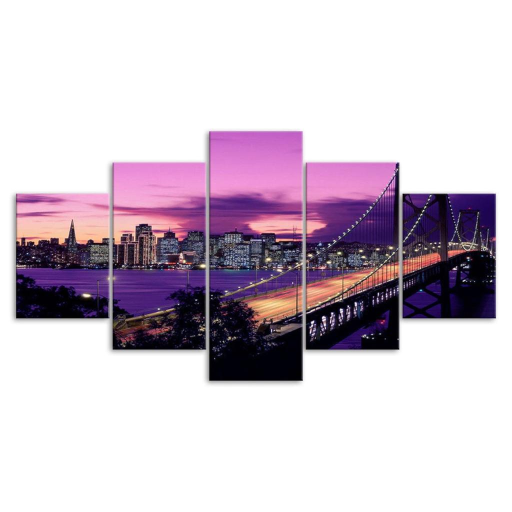 Lila Himmel Sonnenuntergang Golden Gate Bridge San Francisco Leinwand 5-teilig Fünf-Panel Wandbild Modernes Kunstposter Heimdeko Geschenk für Ihn Für Sie