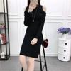 Schulterfreies, langärmliges Strickkleid für Damen, sexy und eng anliegender Strickpullover, Hüftwickel-Unterziehpullover, ausgehöhlt, mittellang